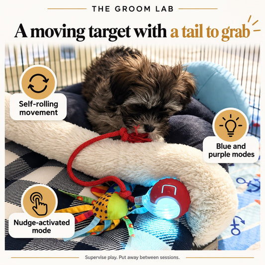 The Groom Lab — Self-Rolling Dog Ball with Rope Tail, Light-Up Interactive Toy — product features and use guidance