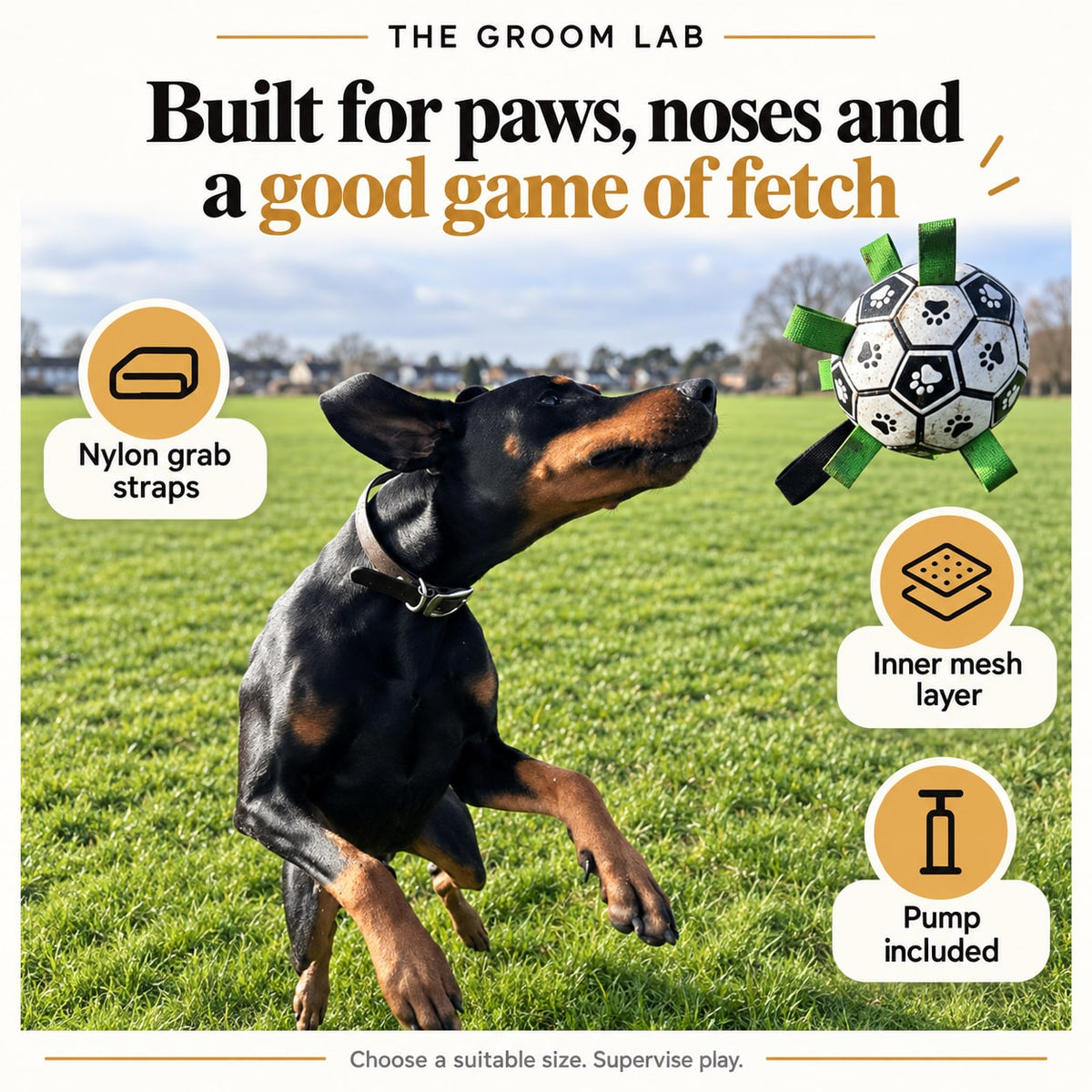 The Groom Lab — Soccer Ball Dog Toy with Nylon Grab Straps, Inflatable with Pump — product features and use guidance