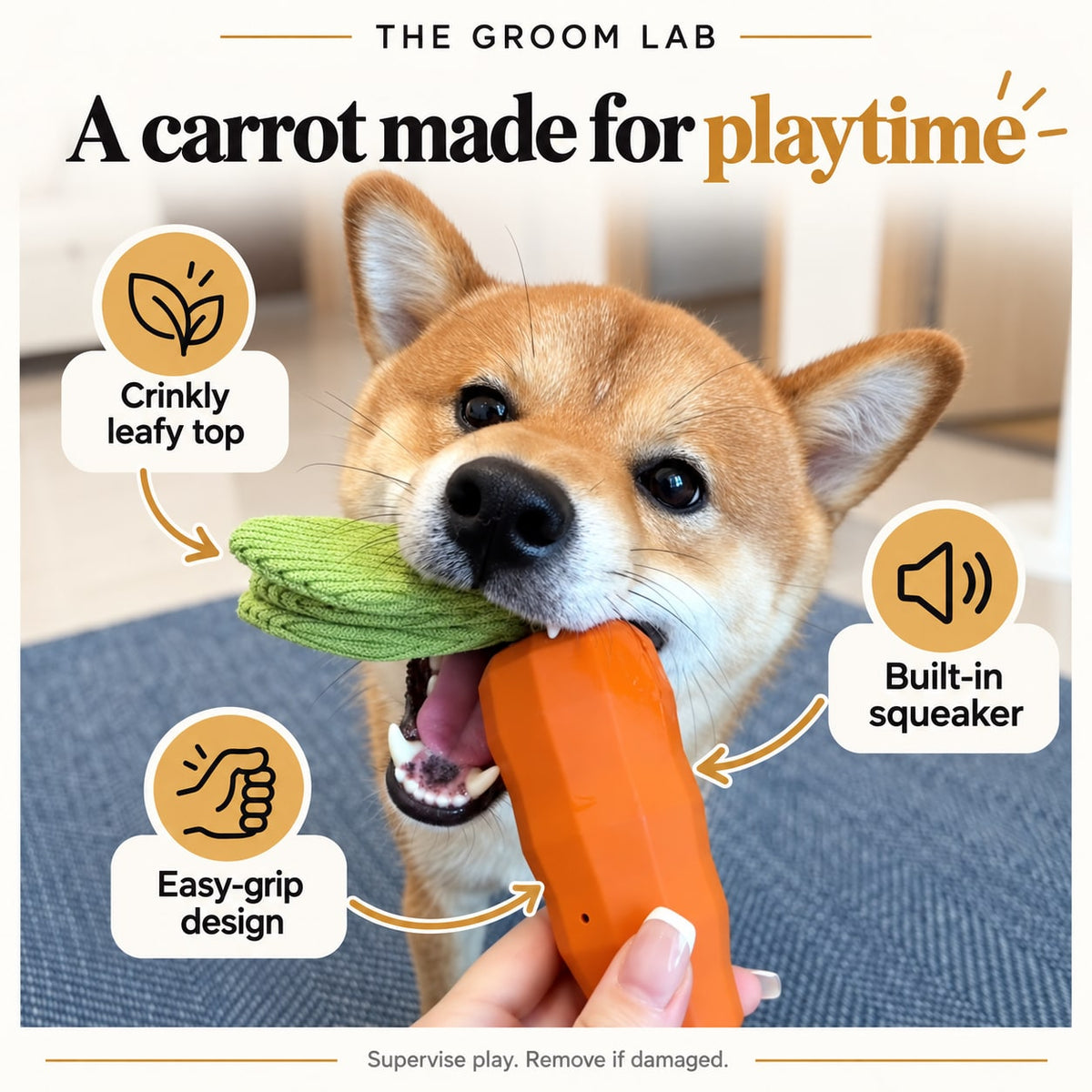 The Groom Lab — Squeaky Carrot Dog Toy with Crinkle Leaves, for Tug and Fetch — product features and use guidance