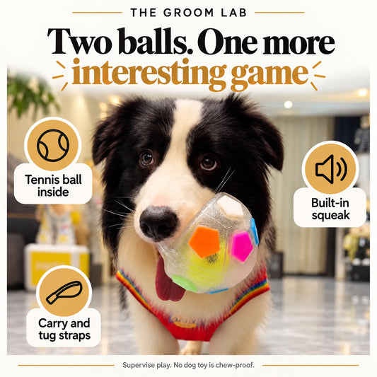 The Groom Lab — Squeaky Soccer Ball Dog Toy with Tennis Ball Inside — product features and use guidance