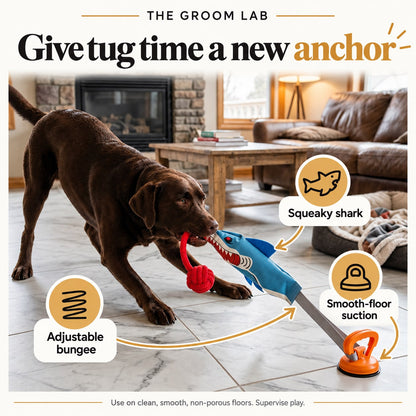 The Groom Lab — Suction Cup Dog Tug Toy with Squeaky Shark and Adjustable Bungee — product features and use guidance