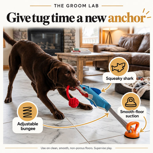 The Groom Lab — Suction Cup Dog Tug Toy with Squeaky Shark and Adjustable Bungee — product features and use guidance