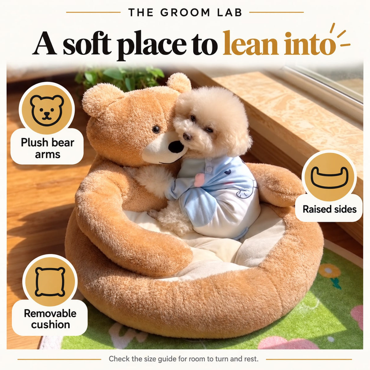 The Groom Lab — Teddy Bear Hug Dog Bed with Raised Sides and Removable Cushion — product features and use guidance