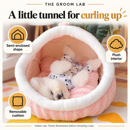 The Groom Lab — Tunnel Dog Bed with Plush Cushion, Semi-Covered Burrow Nest — product features and use guidance