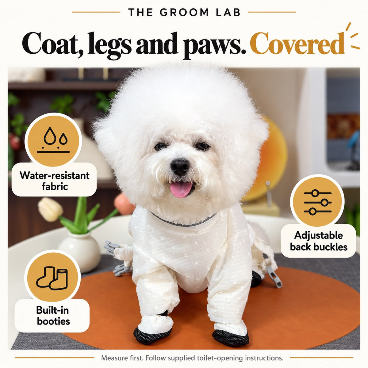 The Groom Lab — Waterproof Dog Jumpsuit with Booties, Full-Body Rain Suit for Small Dogs — product features and use guidance